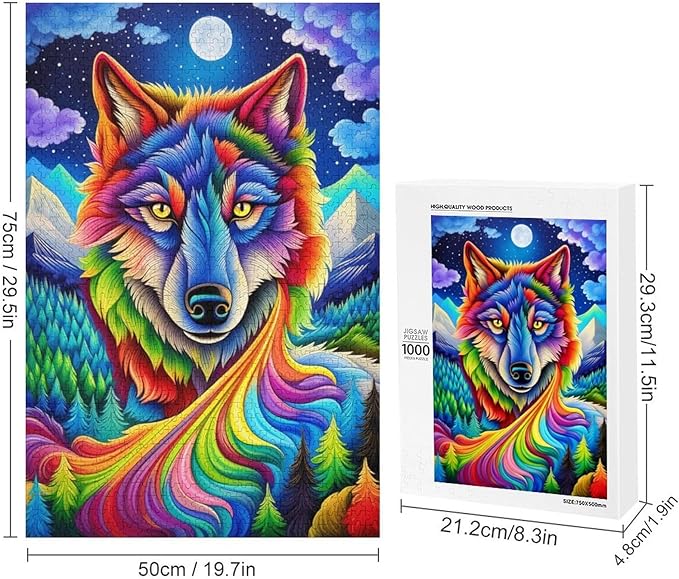 Wooden Puzzle - Colorful Wolf Jigsaw Puzzles，Wooden Puzzles for Adults 1000 Pieces Challenge Puzzles，Educational Games，Family Puzzles，Unique Gifts for Wall Art,Funnny Puzzles