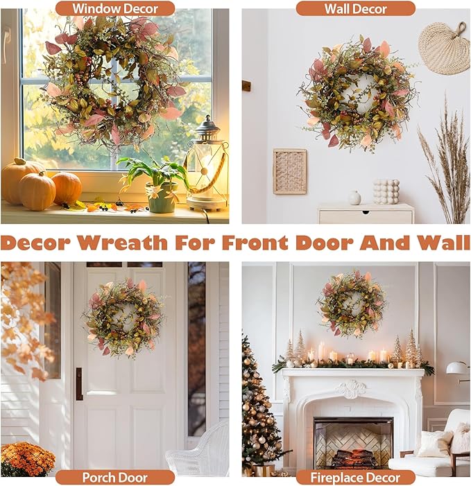 26 Inch Fall Wreaths for Front Door Burgundy Berry Wreath with Leave, Large Autumn Wreath Decor on Grapevine for Farmhouse Front Door Wall Window Home Decoration and Christmas Thanksgiving Celebration