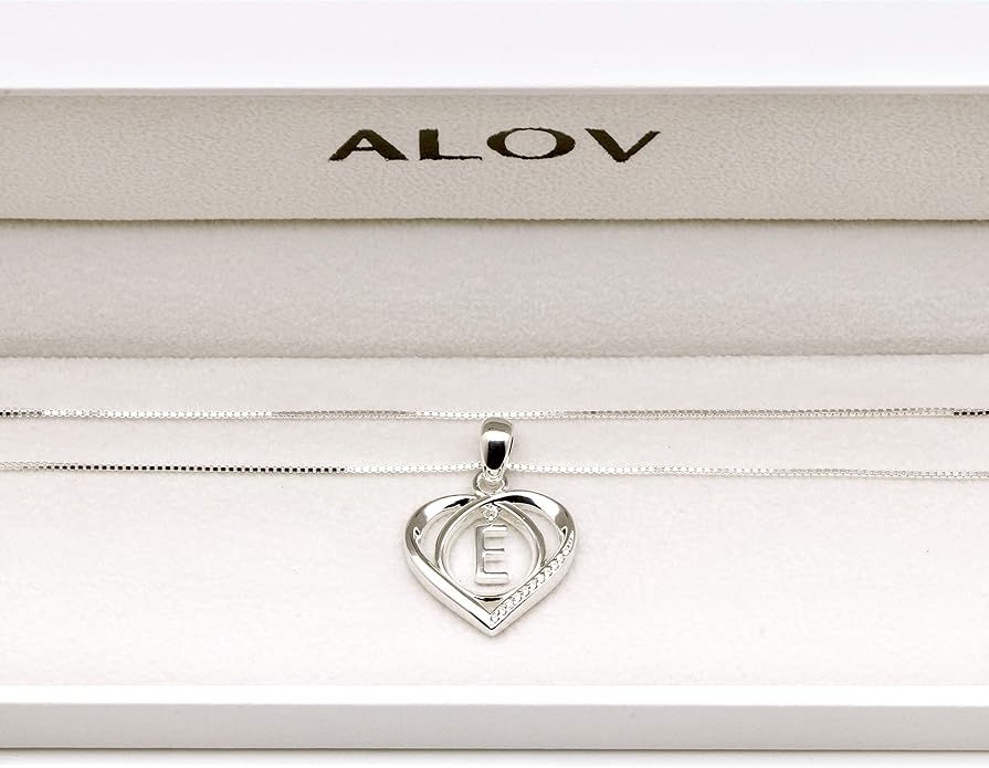 ALOV Jewelry Sterling Silver Initial Letter Alphabet Love Heart Cubic Zirconia Pendant Necklace