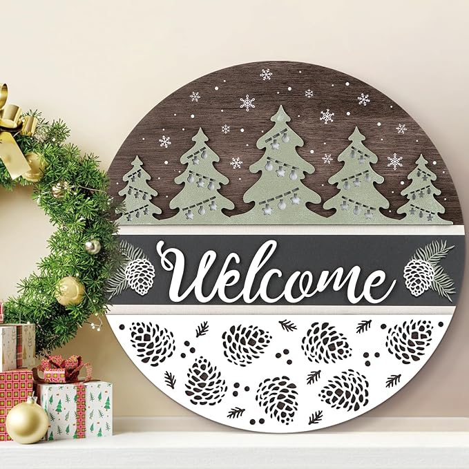 CHDITB Pinecone Welcome Winter Door Sign, Hanging Welcame Sign,Christmas Tree Welcome Door Sign, Christmas Xmas Decor, 3D Winter Wall Decor Hanging Xmas Round Sign for Home Decor