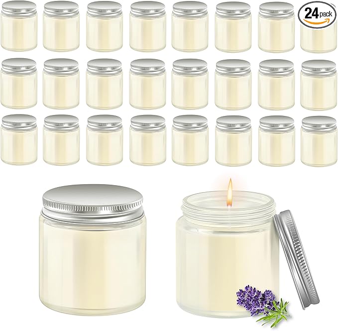 ACITHGL 24 Pcs 4oz Mini Mason Jar Candles Small Lavender Scented Candles Bulk Aromatherapy Ideal Souvenir Favors for Wedding Birthday Party (Silver, 24)