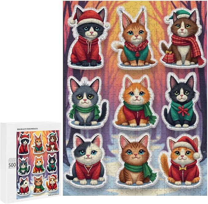 Wooden Puzzle 500 Pieces Adult - Christmas Cat Puzzle Christmas Puzzles, Holiday Puzzles, Family Toys, Party Games, Jigsaw Puzzle Challenge and Funny