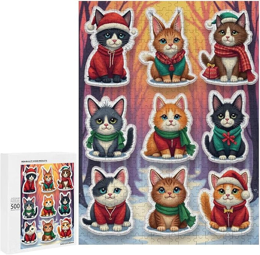 Wooden Puzzle 500 Pieces Adult - Christmas Cat Puzzle Christmas Puzzles, Holiday Puzzles, Family Toys, Party Games, Jigsaw Puzzle Challenge and Funny