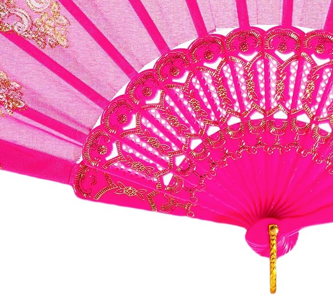 QIRMIZI 10 Pack Folding Handheld Fans,Silk Spanish Fan, Perfect for Weddings, Parties, and Dancing,Deeppink