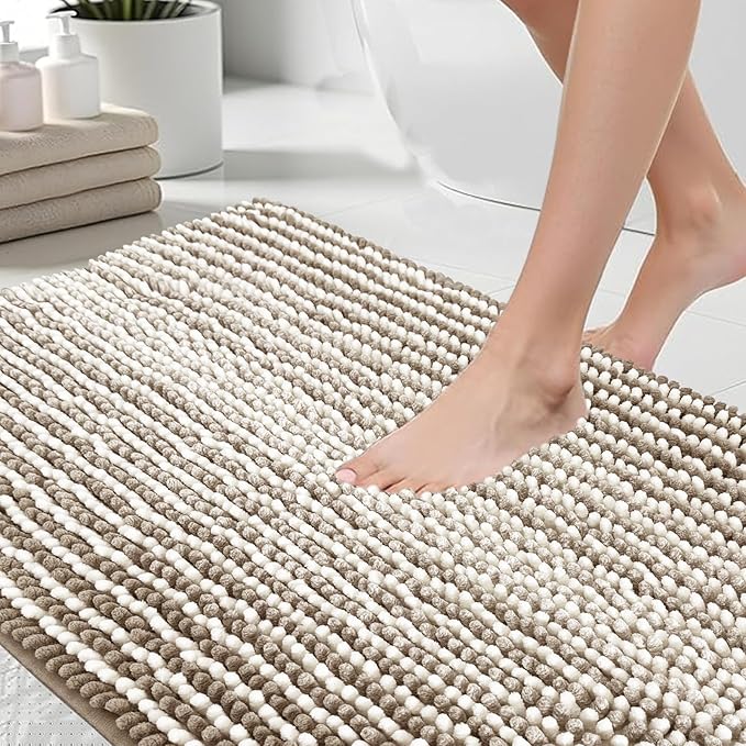 HDFK Bath Mat & Bathroom Rug - Oversized Chenille Soft, Quick-Dry Non-Slip Shower Carpet with Hot Melt Adhesive Base, Machine Washable Striped Design for Bathtub Floors (32x20 Inch, Tan & White)