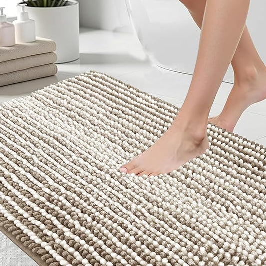 HDFK Bath Mat & Bathroom Rug - Oversized Chenille Soft, Quick-Dry Non-Slip Shower Carpet with Hot Melt Adhesive Base, Machine Washable Striped Design for Bathtub Floors (32x20 Inch, Tan & White)