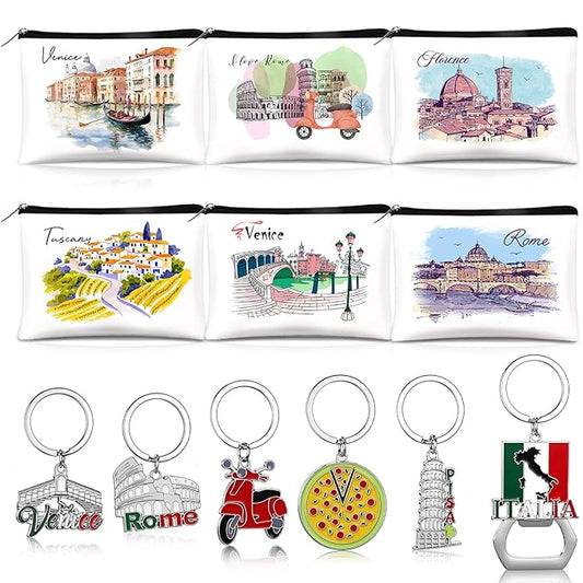 Landical 6 Sets Italy Souvenir Gifts Include 6 Pcs Italian Cosmetic Bag and 6 Pcs Metal Keychain for Women Traveler Christmas Party Gifts