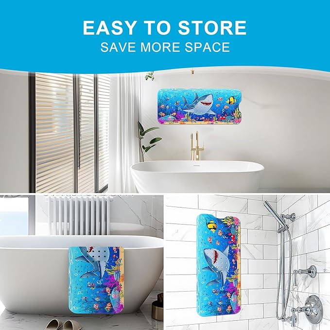 XIYUNTE Baby Bath Mat for Tub Non Slip Kids Bath Mat - 40''x16'' Extra Long Cartoon Shark Baby Bath Tub Mat Eco-Friendly Toddler Bath Mats with Suction Cups & Drain Holes, Easy to Clean & Easy Drying