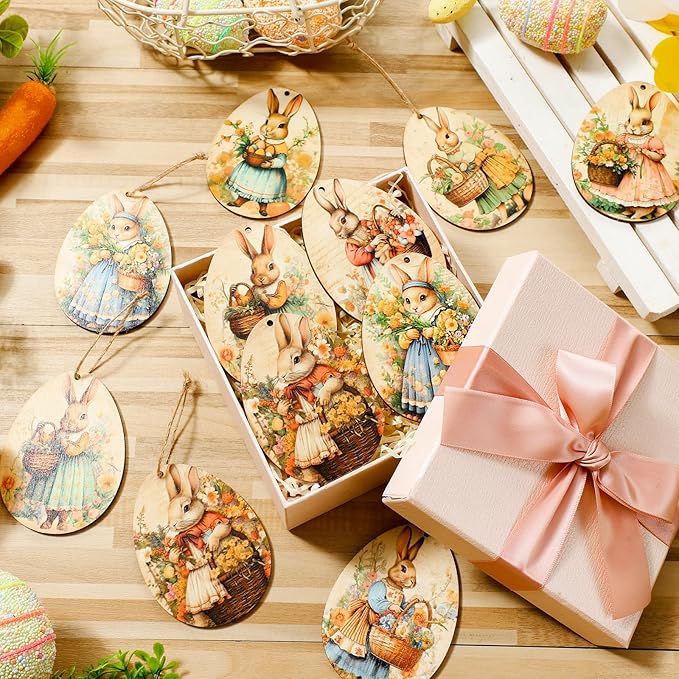 Yookeer 36 Pcs Vantage Easter Wooden Ornaments Retro Easter Decorations for Tree Bunny Ornaments Egg Shape Wood Cutouts with Rope Bunny Mini Signs Hanging Spring Decoration for Small Tree Home Indoor