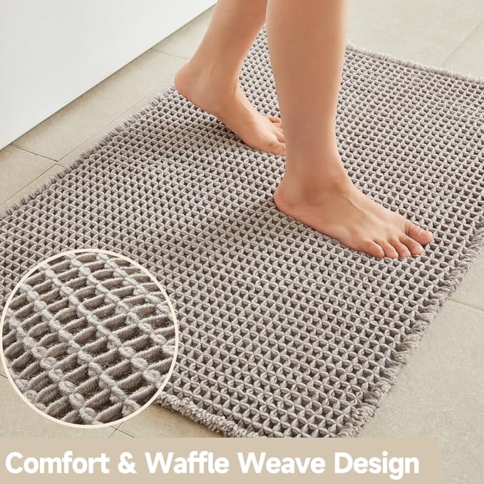 Waffle Bath Mat, Boho Bathroom Rugs Non Slip Washable Super Absorbent Quick Dry Bath Mat Farmhouse Bathroom Decor, 30"x20" Light Grey