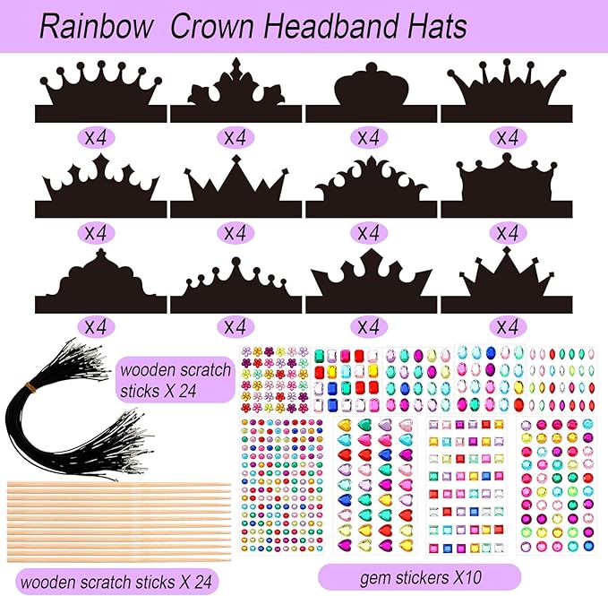 Yinder 130 Pcs Crown Party Favors Halloween DIY Crafts Set 48 Scratch Paper Crowns Headband Hats 24 Wooden Styluses 48 Elastic Bands 10 Sheet Colorful Gem Jewel Stickers