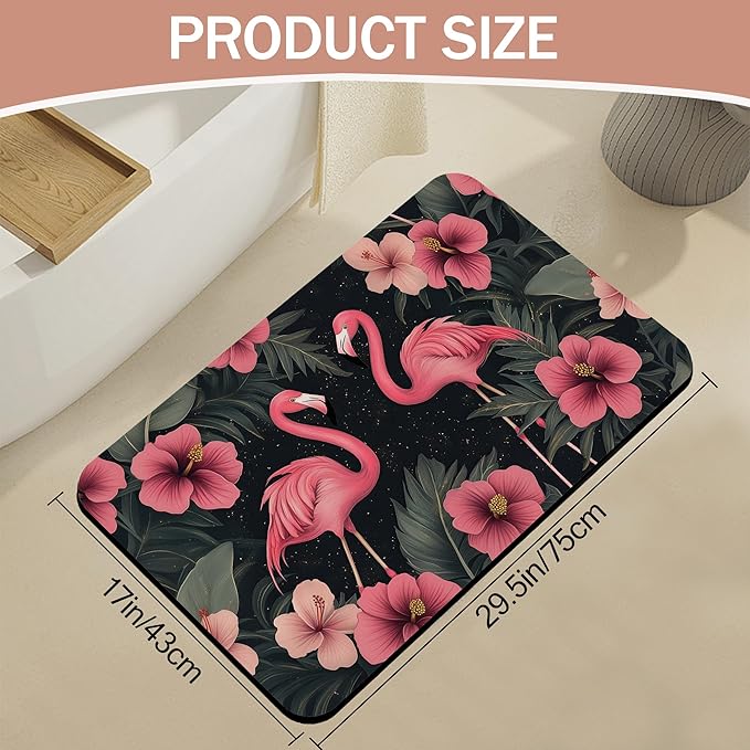 Bath Mat,Pink Flamingos Bathroom Rugs,Quick-Drying Non-Slip Rubber Bath Mats Hibiscus Flowers Absorbent Diatomaceous Earth Mat for Bathroom Home Decor 17"x29.5"