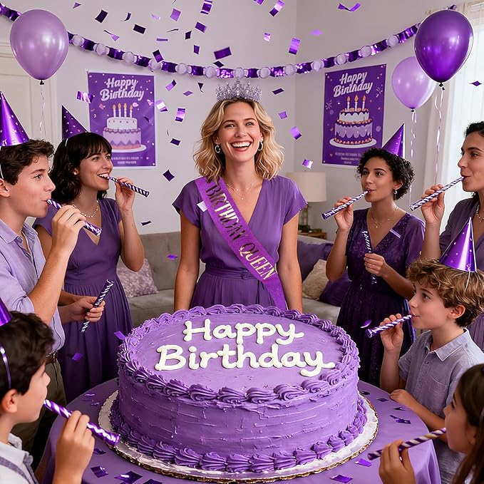 COCIDE Purple Birthday Queen Sash for Women Happy Birthday Crowns Princess Tiaras Sashes for Girl Crystal Party Decorations Rhinestone Headband Supplies Decor
