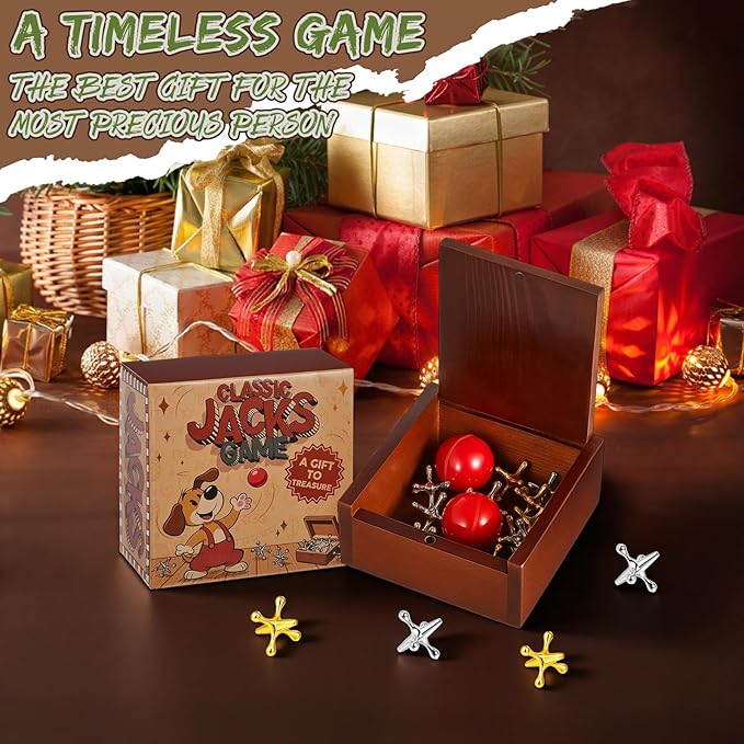 Gejoy 3 Packs Metal Jacks Set with 36 Metal Jacks and 6 Red Rubber Balls in Wooden Box Retro Jackstones Game for Adults Christmas End of Year Family Gatherings Gifts Birthday Party Favors
