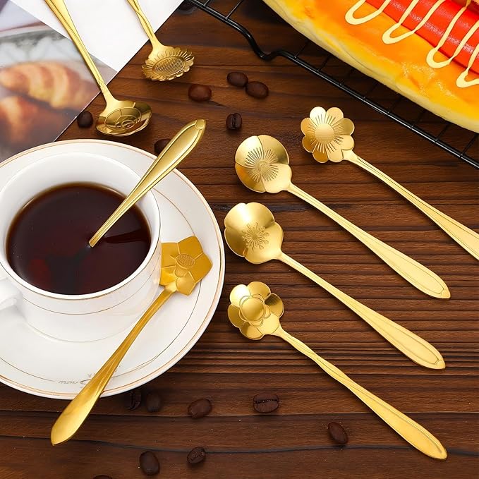 Eboot 160 Pcs Gold Flower Teaspoon Stainless Steel Tea Party Spoons Mini Cute Teaspoon for Stirring Coffee Sugar Drink Demitasse Kitchen Bar Tableware Party Favors Decorations