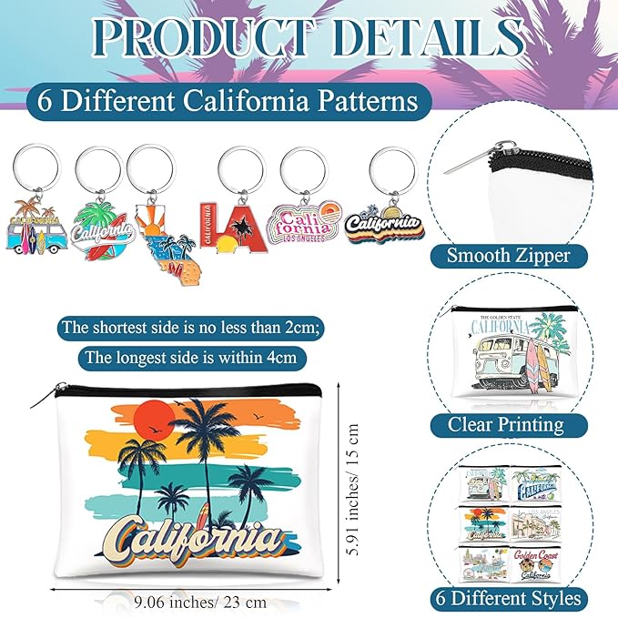 Landical 6 Sets California Souvenir Gifts Include 6 Pcs California Cosmetic Bag and 6 Pcs Metal Keychain for Women Traveler Christmas Party Gifts