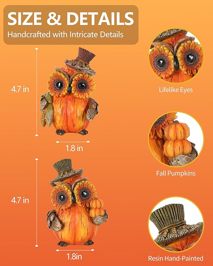 2-Pack Resin Thanksgiving Owl Figurine 4.7'' - Thanksgiving Table Decor Haverst Pumpkins Corns Decorations Indoor Autumn Centerpieces Favors Gifts for Women All Ages (Owls)