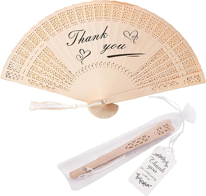 50 Pcs Wedding Fans Engraved Wooden Folding Hand Fans with Organza Bags, Wedding Party Favors for Guests, Bridal Shower & Summer Outdoor Ceremony (Style2,50)