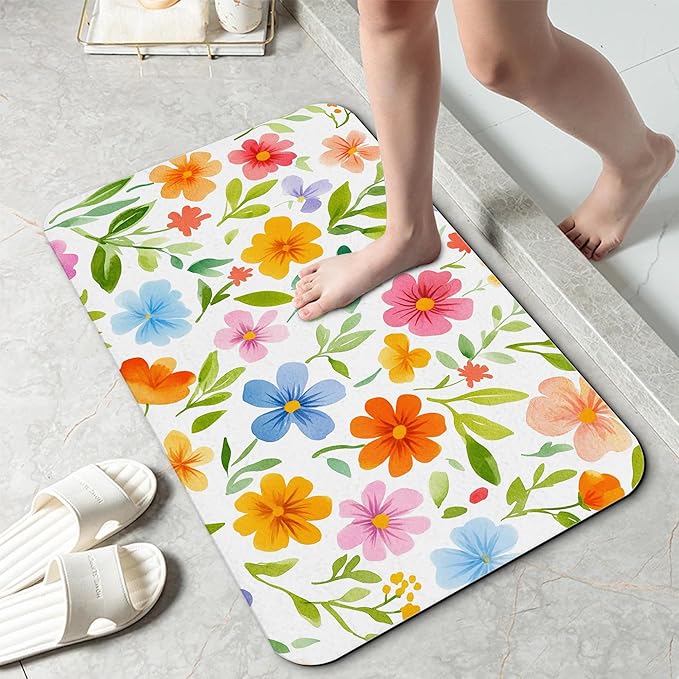 Retro Funky Floral Fast Drying Absorbent Bathroom Mat, Non-Slip Rubber Backing Thin Low-Profile Bath Rug, Easy-Clean Bathroom Floor Mat for Shower, Bathtub, Kitchen, or Entryway