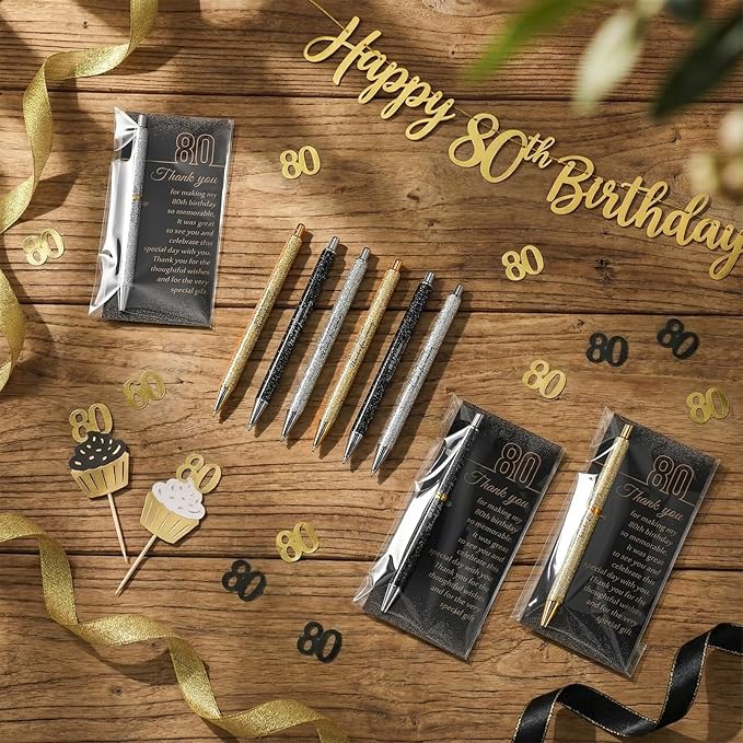 24 Set 80th Birthday Party Favor for Guests Anniversary Appreciation Gifts Birthday Glitter Ballpoint Pen and Thank You Cards for Women Men Years Party Favor Decoration Supplies