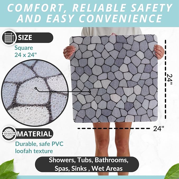 Enkosi Loofah Shower Mat Non Slip – Square Anti Slip Bath Mat for Inside Showers, Bathtub, Tub, Bathroom - Cushioned, Quick Dry PVC with Drain Holes - Secure Grip Safety Pad (Pebble Blue 24x24)