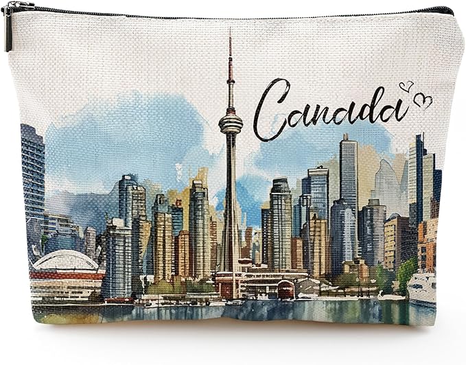Canada Souvenirs Makeup Bag - Canada Gifts for Traveler, Montréal CN Tower Toronto Landscape Majestic Scene of Canda, Birthday Gifts for Travel Enthusiast