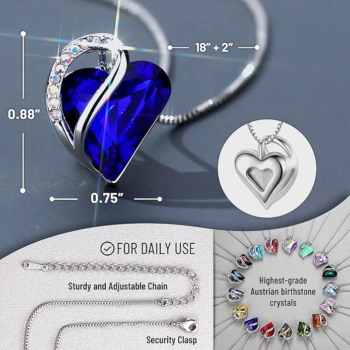 Leafael Valentine's Day Gift Necklaces for Women, Infinity Love Birthstone Heart Crystal Pendant, Birthday Anniversary Jewelry for Wife, Mom, and Her, Silver Plated, 18" + 2" Adjustable Chain