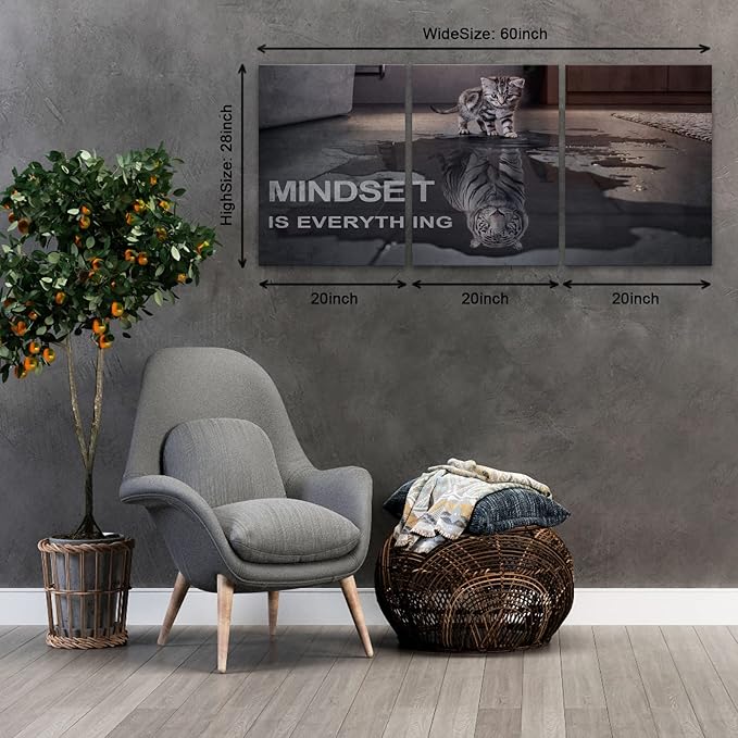 Motivational Canvas Wall Art Mindset is Everything Small Cat Big Tiger Posters Prints 3 Pieces Inspirational Quote Painting for Office Bedroom Decor (60" W x 28" H, Y-Mindset)