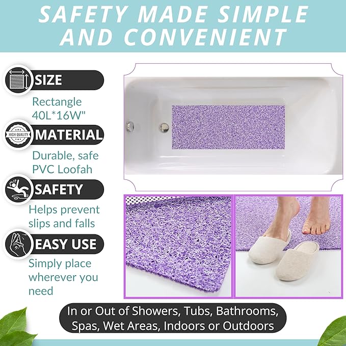 Non Slip Bathtub Mat Shower Mat for Tub - Loofah Bath Mats for Bathroom - 40x16 Bathtub Floor Mat - Textured Anti Slip Bath Mat Without Suction Cups - Secure Mat for Wet Areas (40x16 Purple)