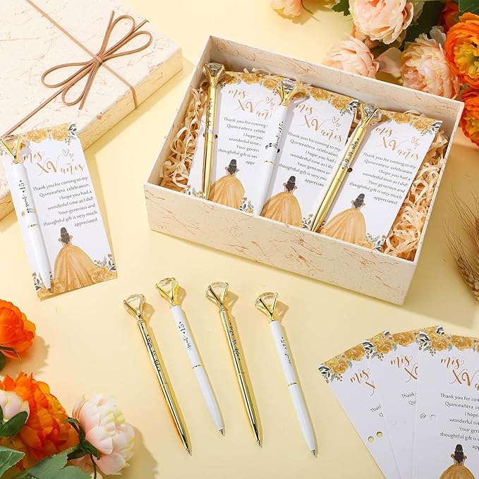 50 Set Quinceanera Party Favors for Guest Sweet 15 Diamond Pens Bulk Mis XV Años Fancy Ballpoint Pen with Thank You Cards and Ties 15th Birthday Thank You Gifts(White, Gold)