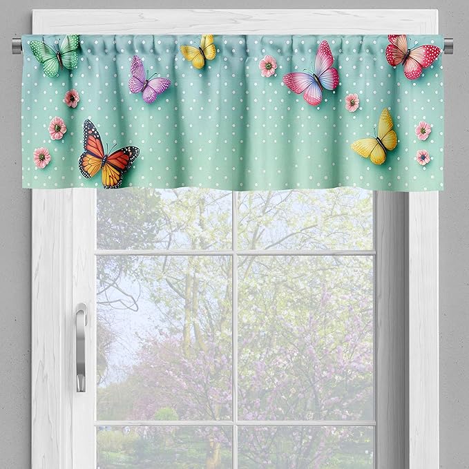 Ambesonne Butterfly Window Valance Pack of 2, Polka Dot Backdrop with Wings of Spring and Blushy Sakura Flowers, Rod Pocket Curtain Valances Kitchen Bedroom, 42" X 12",Mint Green and Multicolor