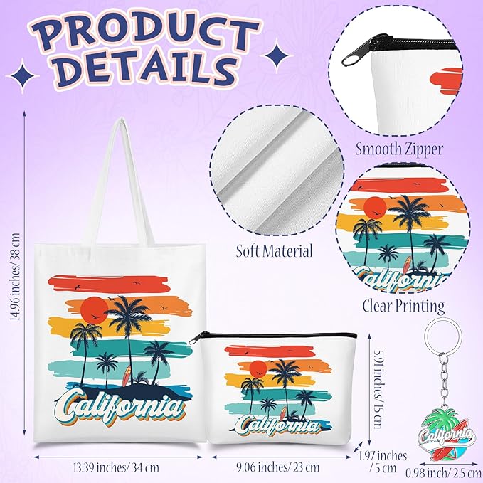 Chuangdi 4 Pcs California Travel Gifts Set Canvas Bag Cosmetic bag 16 oz Tumbler and Keychain California City Souvenirs for Christmas Traveler Friend Lover Sister Gifts