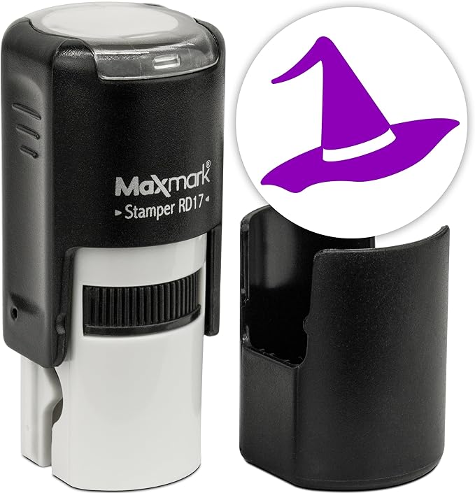 MaxMark Round Self Inking Halloween Stamp - Hat - Purple Ink