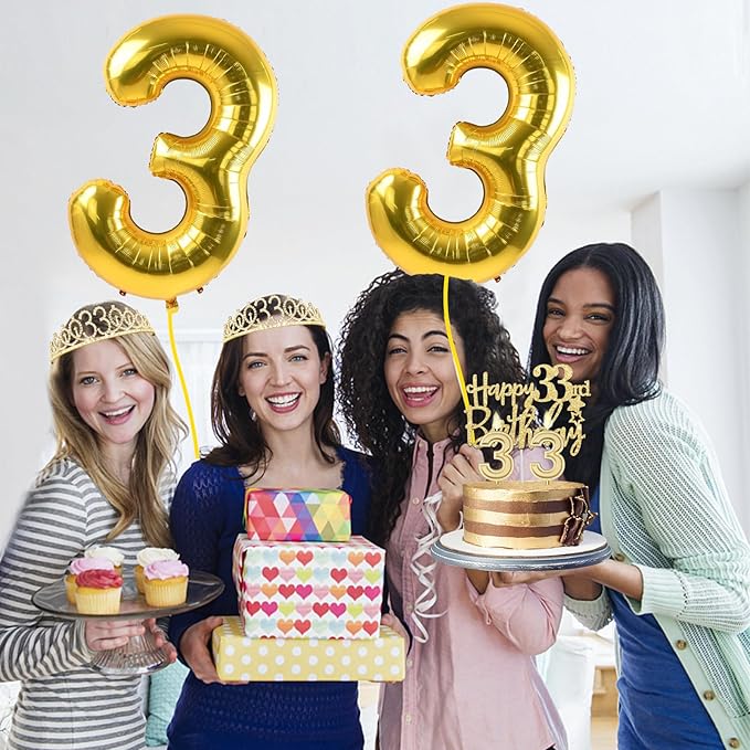 33 Birthday Decorations Women Gold with 33rd Birthday Sash and Tiara, Cake Topper and Candles, Number Balloons, 33 Year Old Gifts for Women