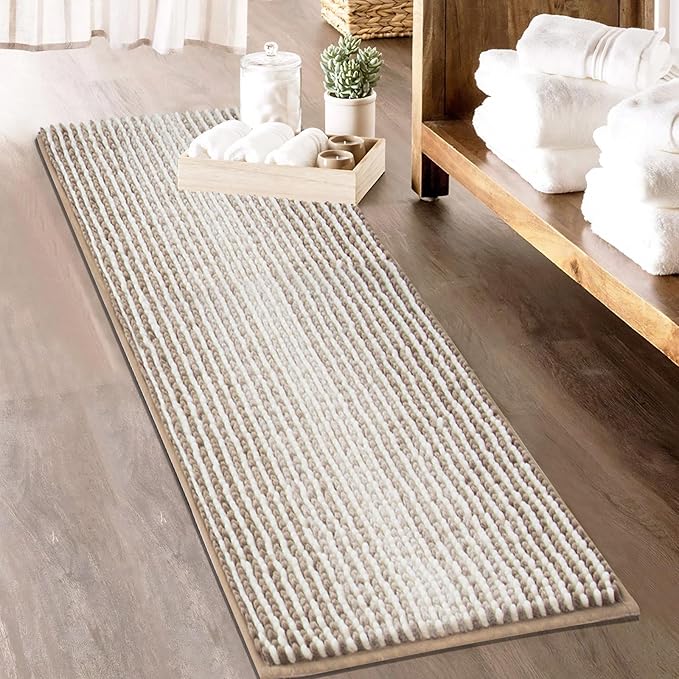 HDFK Bath Mat & Bathroom Rug - Extended Chenille Soft, Machine Washable Non-Slip Shower Carpet Absorbent with Hot Melt Adhesive Base, Slim Fit Striped for Bathtub Floors (47x20 Inch, Tan & White)