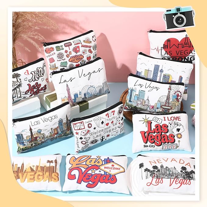 Reginary 12 Pcs City Souvenir Gifts Texas State Gifts Chicago City Souvenirs California Makeup Bag Paris San Francisco Alaska Zippered Cosmetic Bag for Women Traveler Souvenirs(Las Vegas)