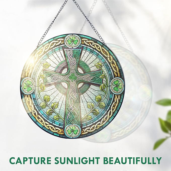 FLAGWIX Irish Gifts for Women Men - Stained Glass Hanging Suncatcher 10 in - Birthday Irish Decorations for Family Friends, Celtic Cross Spring Home Decor, St Patricks Day Decorations