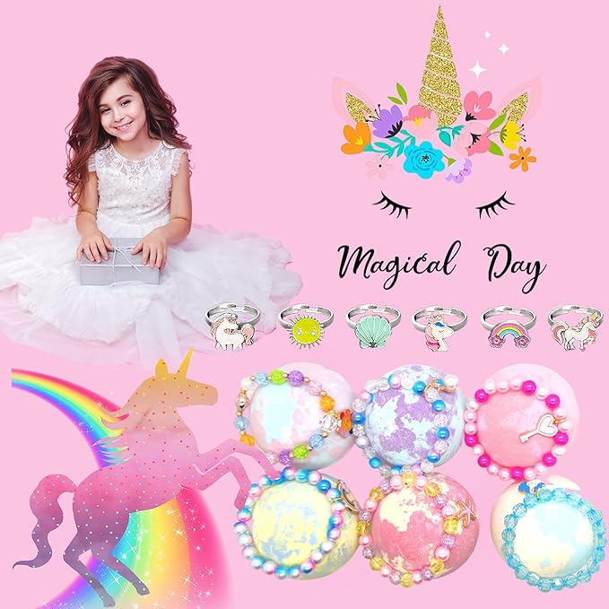 Unicorn Bath Bombs with Surprise Inside for Kids Girls, Bath Bombs Surprise Birthday Gifts Unicorn Gifts for Kids Girls with Jewelry Toys Inside