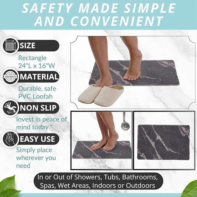ENKOSI Loofah Non-Slip Shower and Bath Mat - Soft Cushioned Comfort - No Suction Cups for Smooth or Textured Tubs - Fast Draining - Safety for Bathroom, Family, Kids, and Elderly (24x16 Marble Black)