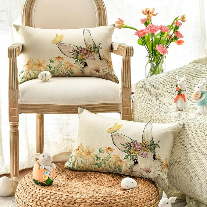 AVOIN colorlife Easter Yellow Floral Garland Bunny Throw Pillow Cover, 12 x 20 Inch Spring Rabbit Holiday Cushion Case Decoration for Sofa Couch Set of 2