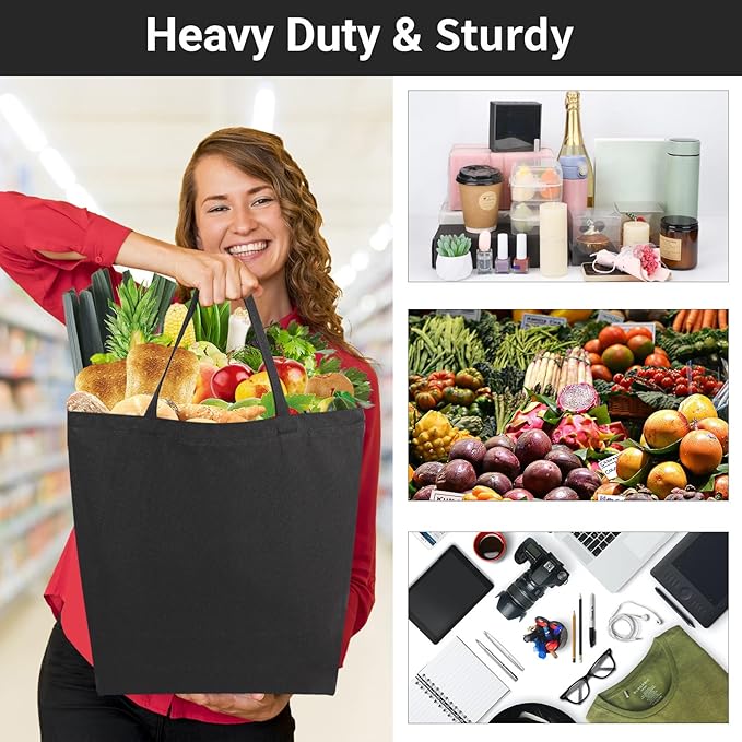 Segarty Canvas Tote, 3 Pack 20x15.7 Black Canvas Shopping Bags for Women, Reusable Natural Cotton Bag Aesthetic with Shoulder Strap, Bulk for DIY, Grocery Shopping, Beach, Travel，Gift