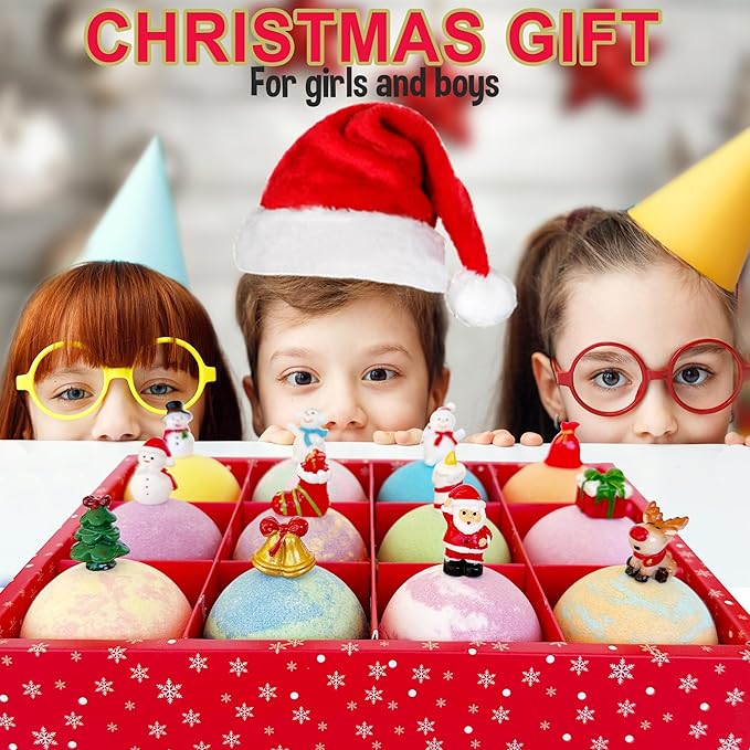 Christmas Bath Bombs for Kids with Surprise Toys Inside - Kids Advent Calendar Bathbombs - 12 Pack Organic Bath Bombs Gift Set, Moisturizing Bubble Bath Fizzies, Gifts for Boys, Girls, Toddler