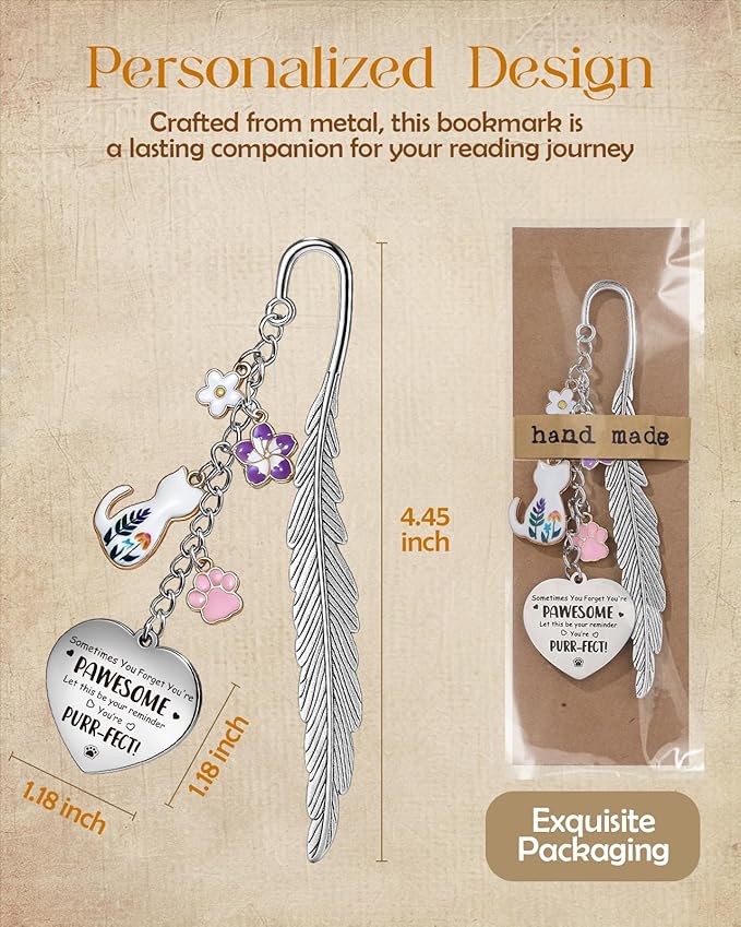 Buleens Bookmarks for Women Reading - Book Marks for Readers Book Lovers, Cute Feather Cat Paw Flower Personalized Metal Bookmark with Pendants, Pretty and Aesthetic Book Accessories Reading Gifts