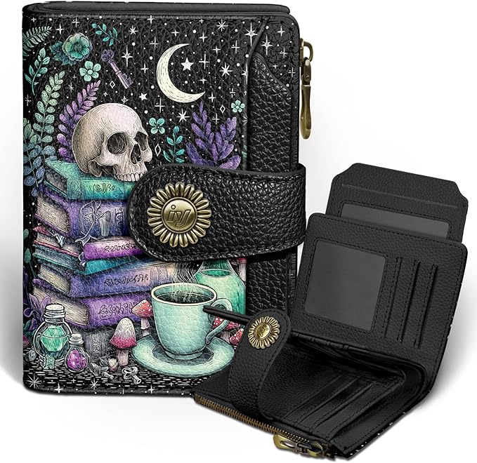 Goth Gothic Skull Small Wallet Women RFID Blocking Bifold, Credit Card Holder, Zipper Coin Pocket, PU Leather, Funny Witchy, Compact, Travel, 4 ID Window 14 Card Slots, Cash Purse, Ladies Woman