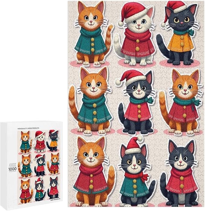 Wooden Puzzle 1000 Pieces Adult - Christmas Cat Puzzle Christmas Puzzles, Holiday Puzzles, Family Toys, Party Games, Jigsaw Puzzle Challenge and Funny