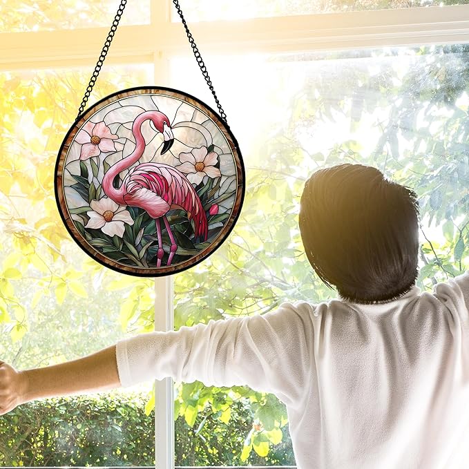 Stained Glass Window Hanging, Flamingo Flower Sun Catchers Diamond Glass Panel Hangings Pink Suncatcher Decor for Birthday for Women, Men, Wife, Aunt, and Mom 9.8 in