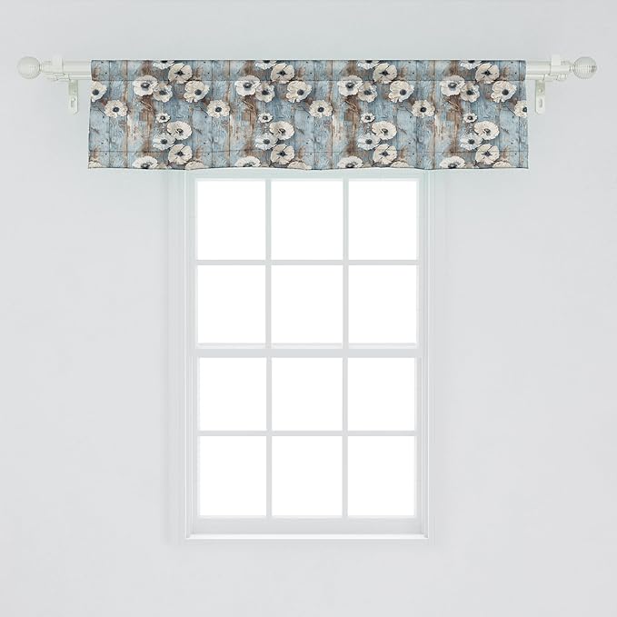 Ambesonne Poppy Window Valance Pack of 2, Vintage Farmhouse Concept Beige Tone Petals Floral on Rustic Backdrop, Rod Pocket Curtain Valances for Kitchen Bedroom, 54" X 12", Coconut Pale Blue and Dusk
