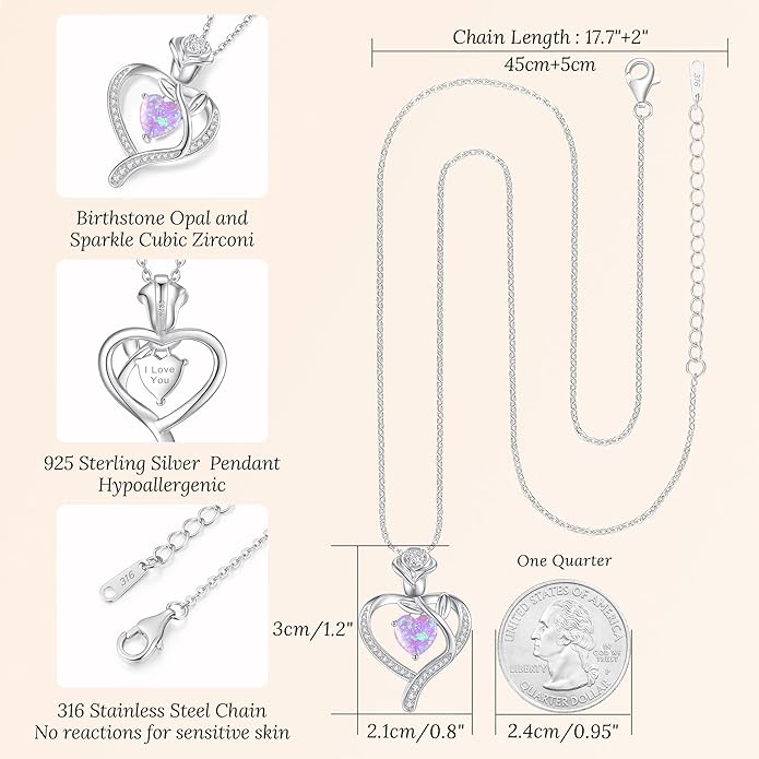 LOUISA SECRET Rose Flower Heart Birthstone Necklaces for Women, 925 Sterling Silver Fine Jewelry, Pendant Heart Necklaces Birthday Anniversary Christmas Gift for Women Wife Mom Girlfriend Lady