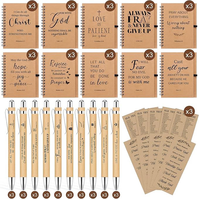 NEOACT 90 Pcs/30 Set Christian Gifts Bulk - Prayer Journal Scripture Notebook with Ballpoint Pen and Christian Bookmark,Christmas Gifts for Pastor Church Members Bible Study Groups
