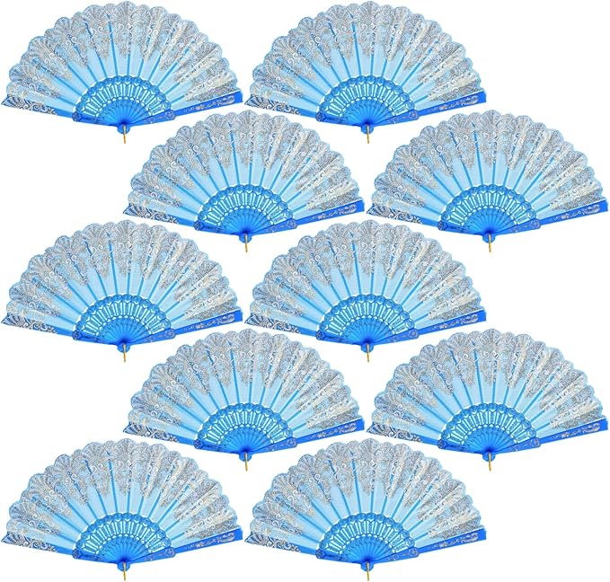 QIRMIZI 10 Pack Folding Handheld Fans,Silk Spanish Fan, Perfect for Weddings, Parties, and Dancing,Light Blue